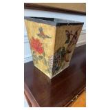 Antique, hand-painted wood trashcan or flower