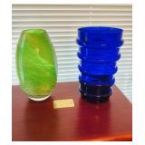 2 Art glass  flower vases, ribbed cobalt blue