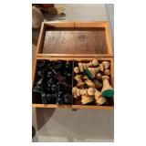 Box of vintage carved, wood, chessman pieces,