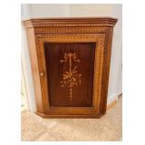 Antique inlaid wood  hanging corner cupboard one