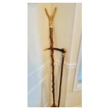 2 Two antique horn walking stick and cane, the