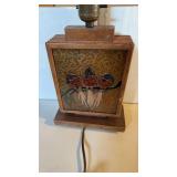 Antique table lamp, hand painted bird on copper