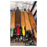 5 antique wooden rolling pins, one solid wood,