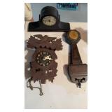 3 vintage small clocks, one small, 6 inch cuckoo