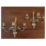 2 Colonial Style Brass 3 Arm Candle Sconces