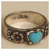 Vintage Sterling & Turquoise Heart & Flowers Ring