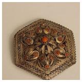 Antique Silver & Coral Bead Reticulated 2-D Pin
