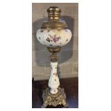 Antique Brass & Painted Milk Glass Oil Lamp