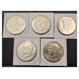 5 Silver Ike Dollars: three 1971 and two 1974.