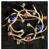 Vintage 14K & Gemstone "Branches" Pin