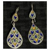 Pr Vintage Moroccan Silver Enameled Earrings