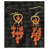 Vintage 18K Gold Heart & Coral Earrings