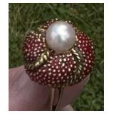 Vintage Enameled 14K & Pearl Cocktail Ring