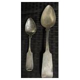 2 Early Coin Silver Fiddleback Spoons