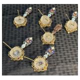 6 French Enameled Gilt Brass & Glass Salt Cellars