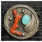Native American Sterling, Coral & Turq. Bracelet