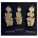Vintage 3 Asian Hand-carved Musicians Sculptures