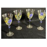 Vintage 4 Hand-Painted Wine Glasses