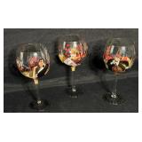 Vintage 3 Hand- Painted ' Jazz ' Wine Glasses