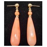 Vintage 14K Gold & Pink Coral Teardrop Earrings