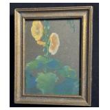 Vintage Pastel Hollyhocks Painting on Board Signed