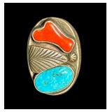 Vintage Navajo Sterling, Turquoise & Coral Ring