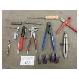 Mixed Tool Lot - cutters, crimper, clamp, gauges+