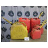 Five assorted fuel cans