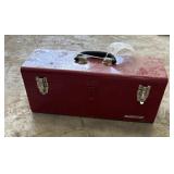 Red tool box including contents, hand saw,