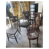Antique Leather Seat Arm Chair & 3 Side Chairs