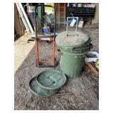 2 Dolly's & 3 Green Garbage Cans W/ Lids