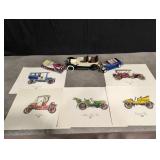 Early 1900s model die cast cars and prints