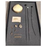3 hat pins, GF locket, 5 scarf pins and shell box