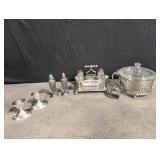 Pyrex bowl in silver holder, Crystal salt and