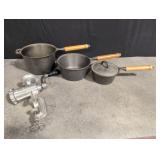 Set of 3 Cast Iron Pots with wooden handles Made