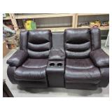 Maroon leather reclining couch for two with