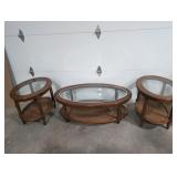 Wood, glass and wicker coffee table set, 46' w x