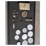 10 pocket watch dials, parts, belt, chain