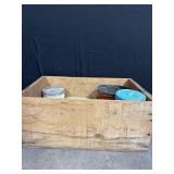 Wooden box with vintage tins