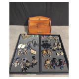Variety of Clip on Earrings, wooden Jewelry Box