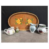 Wooden Tray, Assortment of Ceramic Pitchers