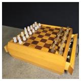 Wood game box with wood inlay board and carved