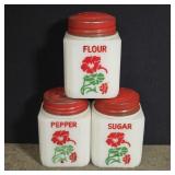 3 Tipp USA milk glass shakers - sugar, pepper,