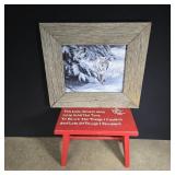 Wood framed picture 15' x 14' and small red stool