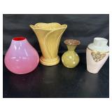 Red glass vase 7' h and other vases