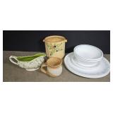 Corelle plates and bowls, ceramic container with