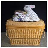 One wicker picnic basket and rabbit planter
