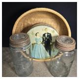 2 vintage sealer jars, vintage tin and wicker