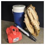 Leather baseball glove, car flashlight, drink