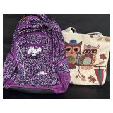 Roots backpack and owl tote bag